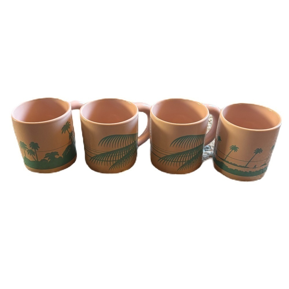 Vintage Pastel Palm Tree Beach Hawaii Mug Set Pink Teal Blue Tropical Coffee